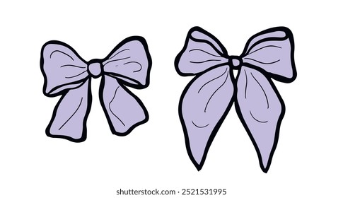 Lilac ribbon bows. Hand drawn bow illustration. Birthday, Christmas, and Valentine's Day decoration. Gift wrapping. Vector illustration. Romantic element. 