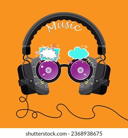 Lilac round frame glasses in a cartoon style with studio headphones on top. Poster, emblem, symbol. Vector illustration svg