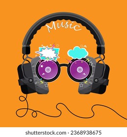 Lilac round frame glasses in a cartoon style with studio headphones on top. Poster, emblem, symbol. Vector illustration