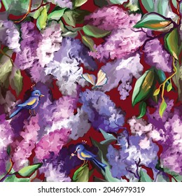 Lilac seamless floral pattern with bird. Branches of purple flowers blooming in spring. Painted with watercolor on a dark background. Vector illustration, floral texture, stamp, print