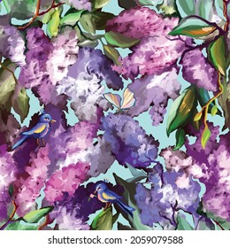 Patrón floral sin fisuras Lilac con pájaro. Ramas de flores moradas floreciendo en primavera. Pintada con acuarela sobre fondo azul. Ilustración vectorial, textura floral, estampado