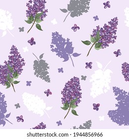 Lilac seamless floral pattern. Spring pastel botanical background. Purple syringa with leaves in bloom.
