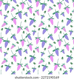Lilac seamless pattern. Floral background. Beautiful lilac, lavender flowers on white background. Vector color illustration in cartoon flat style and outline.