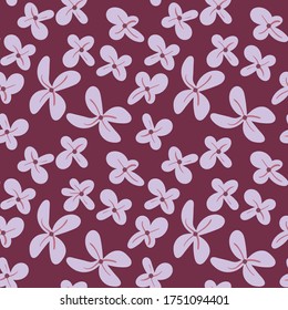 Patrón sin fisuras Lilac. Flores dibujadas a mano sobre fondo morado. Encuentre una floreta de cinco hojas. Ilustración vectorial.