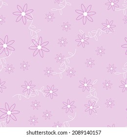 Patrón sin fisuras de Lilac con hojas. Flor blanca cúrcuma sobre un fondo morado. Diseño floral clásico moderno para decoración textil e impresa. Bloom y follaje, impresión de moda sobre lila. Vector 