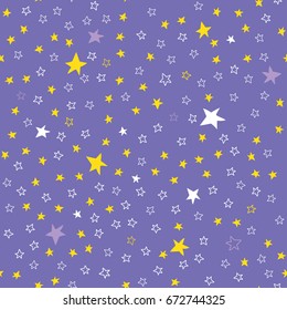Lilac seamless pattern with stars. White and yellow stars hand-painted on a lilac background. Suitable for tissues, wrappers, and Wallpaper.