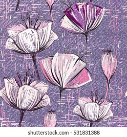 Lilac seamless pattern with tulips. Flowers backdrop. Hand drawn vertical floral wallpaper