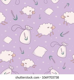 Lilac seamless vector pattern with repeating sheep and lavender sachet. Print for textile design, scrapbook paper, wallpaper. Concept of deep sleep, aromatheraphy and sleep disorders treatment