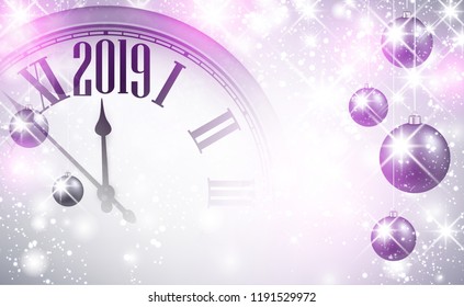 Lilac shiny 2019 New Year background with clock and Christmas balls. Vector illustration.

