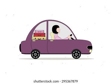 Lilac simple cartoon car loaded with suitcases with woman driving