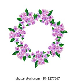 Lilac small flowers isolated on white background. Wreath of watercolor flowers hand painted. Round frame for invitation ,wedding, birthday card, vector illustration isolated on white.
