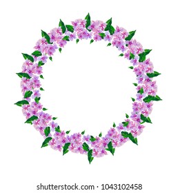 Lilac small flowers. Wreath of watercolor flowers hand painted. Round frame for invitation ,wedding, birthday card, vector illustration isolated on white.
