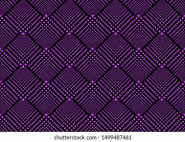 Lilac small squares are laid out in a square. Seamless patterns on black background.