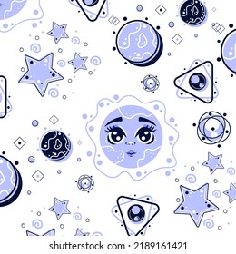 Lilac space pattern with sun and stars
