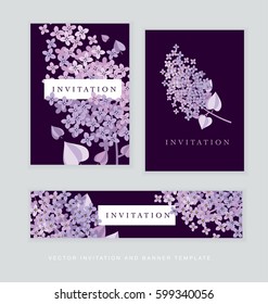 Lilac spring blossom vector illustration. Floral branch of violet blooming for cards, header, invitation, print.
