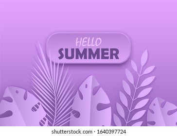 Lilac summer background. Tropical plants on a lilac background. Minimalism, modern design. Abstract close-up background of tropical Monstera leaf in trendy purple colors or shades.