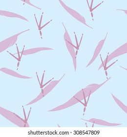 Lilac Trace of Birds and Feathers, Seamless Vector Pattern. Pastel Color Background.