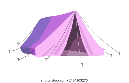 Lilac triangular tent for camping, adventure tourism and travel, bushcraft and backpacking. Isolated object on a white background. Cartoon vector illustration...