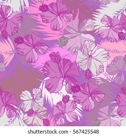 Lilac tropical palm pattern aloha floral seamless with hibiscus pattern and coconut leaves. Beautiful flowers pattern vector illustration realistic hand drawn.
