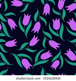 Lilac tulips on a dark background. Flower vector pattern for background, packaging paper, fabric, wallpaper, textile, packaging paper.