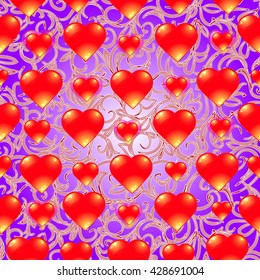 Lilac vector illustration. Background with red hearts.
