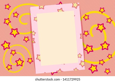 Lilac vector photo frame on a pink background with stars and spirals. Nice and pretty. Suitable for children and adults.