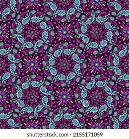 LILAC VECTOR SEAMLESS BACKGROUND WITH A COMPLEX COLORFUL ROUND STYLIZED FLORAL ORNAMENT