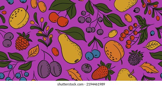 PATRÓN SIN MAR DE VECTOR LILAC CON FRUTOS Y BARRIOS COLORIDOS