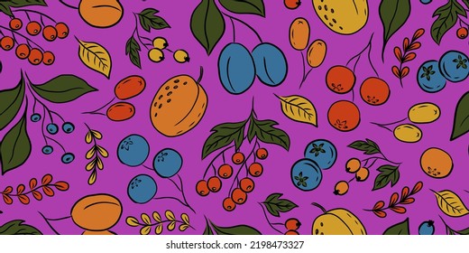 LILAC VECTOR SEAMLESS PATTERN WITH COLORFUL FRUITS AND BERRIES