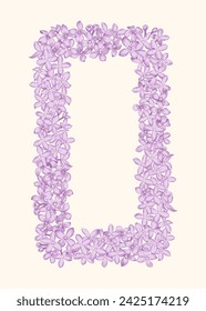 Lilac. Vertical rectangular frame of lilac flowers. Spring botanical illustration. Line art style. Vector. Violet.