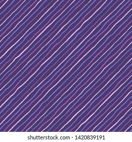 Lilac, violet, lavender diagonal hand drawn uneven crooked pinstripes, streaks seamless repeat background, pattern. Tilted lines, inclined stripes, bars template. Striped dynamic endless texture.