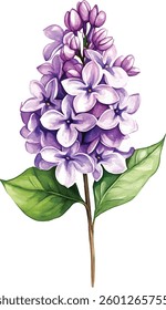 Lilac Watercolor Flower  - Isolated on White vector illustration