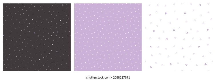 Lilac, white and black heart seamless pattern set. Non directional design with cute romantic symbols for baby girl clothing or fabric.