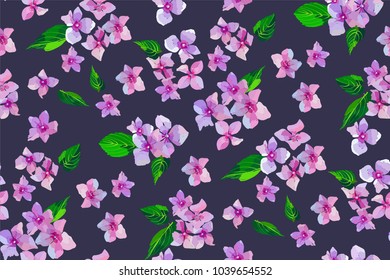 Lilac wild flowers seamless pattern. Small flowers and leaves hand drawn. Vector illustration for textile, wrapping, scrapbooking .