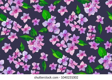 Lilac wild flowers seamless pattern. Small flowers and leaves hand drawn. Vector illustration for textile, wrapping, scrapbooking.