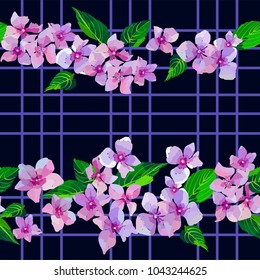Lilac wild flowers seamless pattern on navy blue background. Small flowers and leaves hand drawn. Vector illustration for textile, wrapping, scrapbooking.