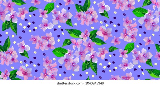 Lilac wild flowers seamless pattern. Small flowers and leaves hand drawn. Vector illustration for textile, wrapping, scrapbooking.