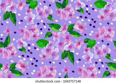 Lilac wild flowers seamless pattern. Small flowers and leaves hand drawn. Vector illustration for textile, wrapping, scrapbooking.