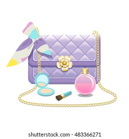 Lilac woman's quilted leather handbag, decorated with golden chain, with scarf, powder and perfume, isolated on white. Vector illustration.