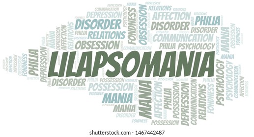 Lilapsomania word cloud. Type of mania, made with text only.