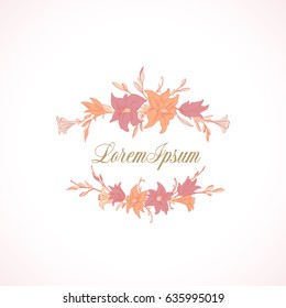 Lilies Abstract Vector Decorative Illustration. Hand Drawn Flowers Frame with Retro Typography and Classic Background. Isolated.