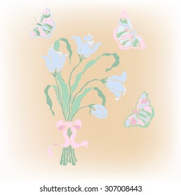 Lilies bouquet with a bow and butterflies- vector illustration