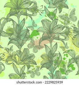 Lilies and butterflies green graphic background. Vector illustration