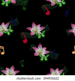 Lilies with butterflies and musics on the dark background