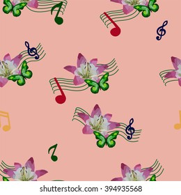 Lilies with butterflies and musics on the pink background