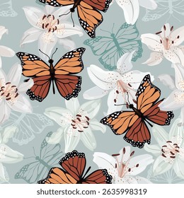Lilies and butterflies on a blue background. Seamless vector illustration with delicate flowers. For decorating textiles, packaging.