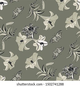 Lilies and butterflies on an olive background. Typographic graphic print, trendy pattern for fabric, wrapping, wallpaper.