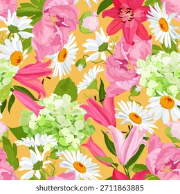 Lírios, camomila, hortênsias e peônias em um pano de fundo amarelo criam uma ilustração vetorial sem costura que seria perfeita para decorar têxteis e embalagens.