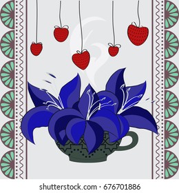 Lilies in a cup of tea with strawberries and ornament. Creative vector composition
