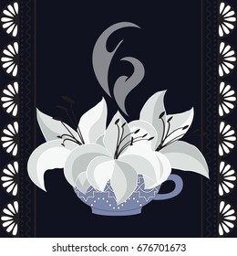 Lilies in a cup of tea with stream and vertical ornaments. Creative vector composition
